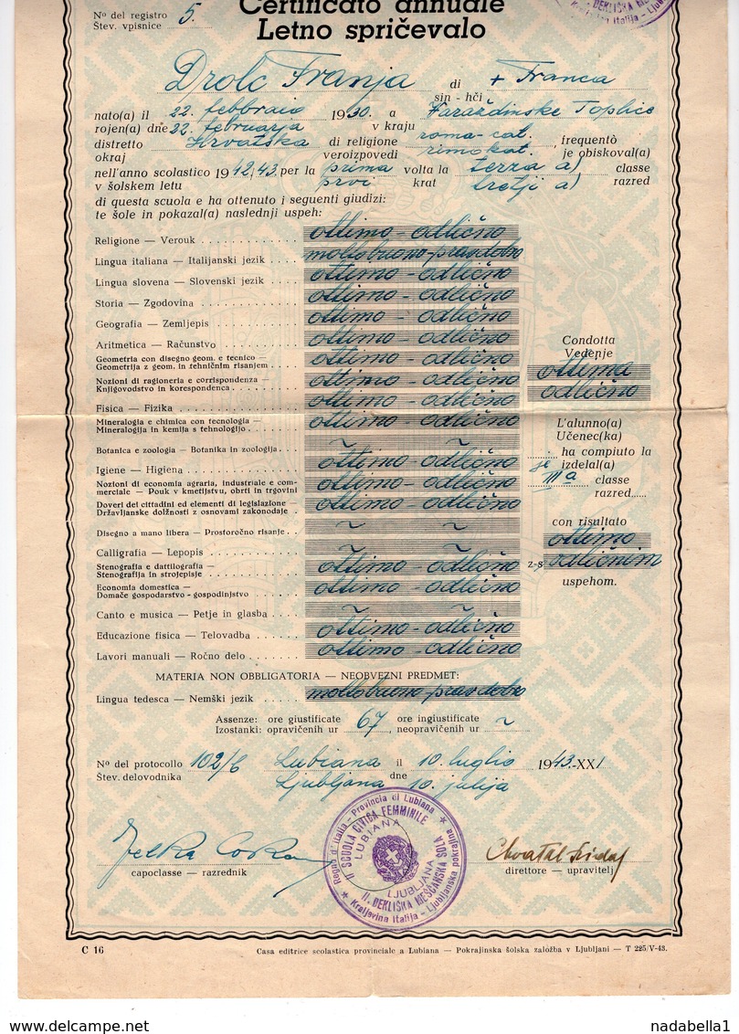 1943 WWII ITALY, ITALIAN OCCUPATION OF SLOVENIA, LJUBLJANA, SCHOOL CERTIFICATE, 1 REVENUE STAMP, ITALIAN - Steuermarken