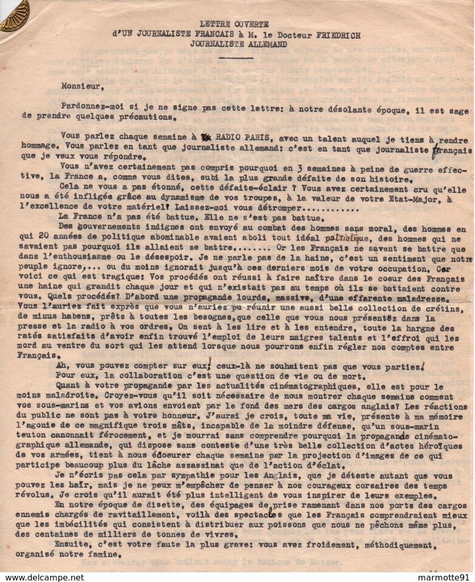 LETTRE ANONYME JOURNALISTE FRANCAIS AU DOCTEUR FRIEDRICH JOURNALISTE ALLEMAND RADIO PARIS COLLABORATION - 1939-45