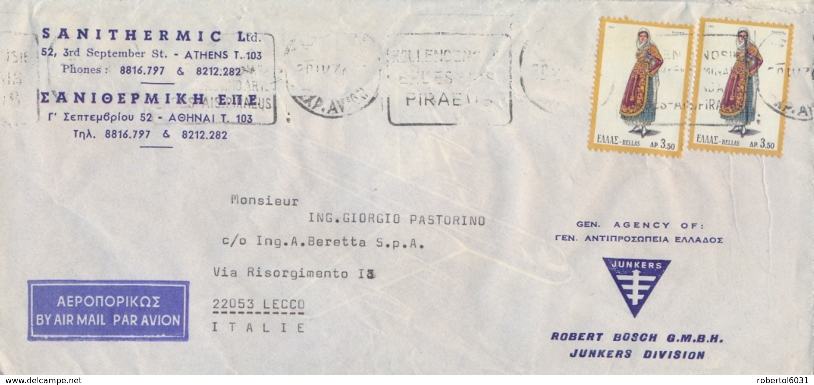 Greece 1973 Commercial Airmail Cover To Italy With Folk Costumes 2 X 3,50 D. - Costumi