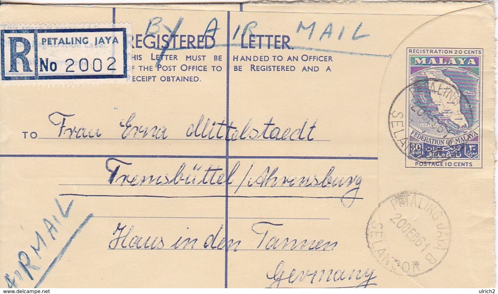 Registered Letter Malaya - Petaling Jaya To Germany - 1961 - Postal Stationary (45485) - Federation Of Malaya