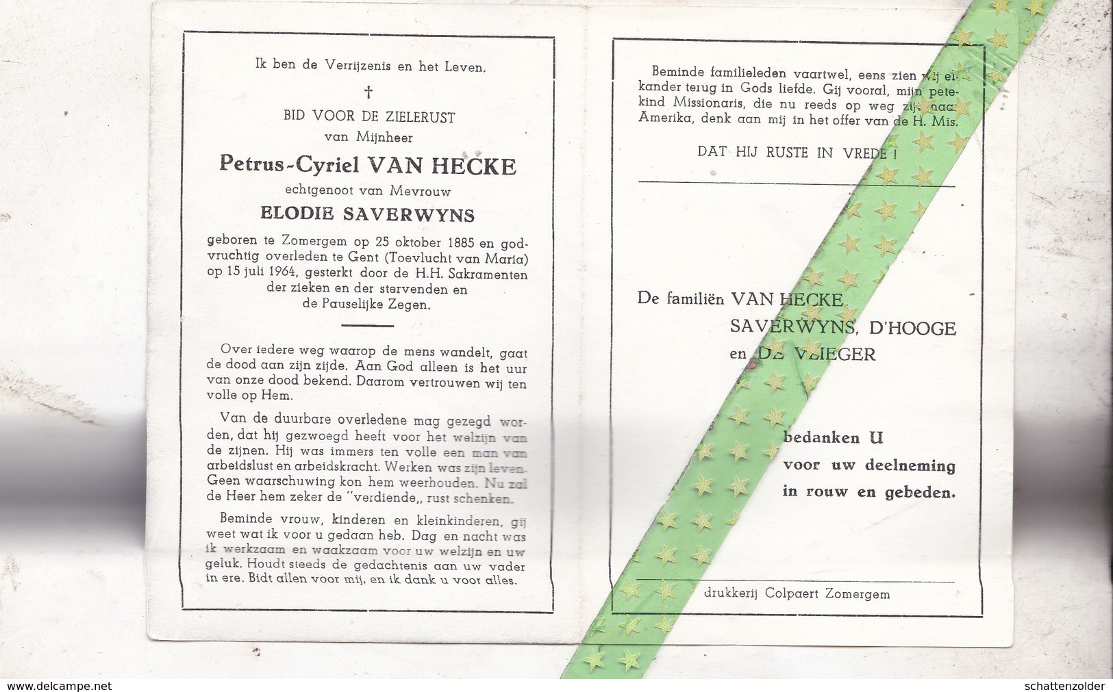 Petrus Cyriel Van Hecke-Saverwyns-D'Hooge-De Vlieger,  Zomergem 1885, Gent 1964 - Overlijden