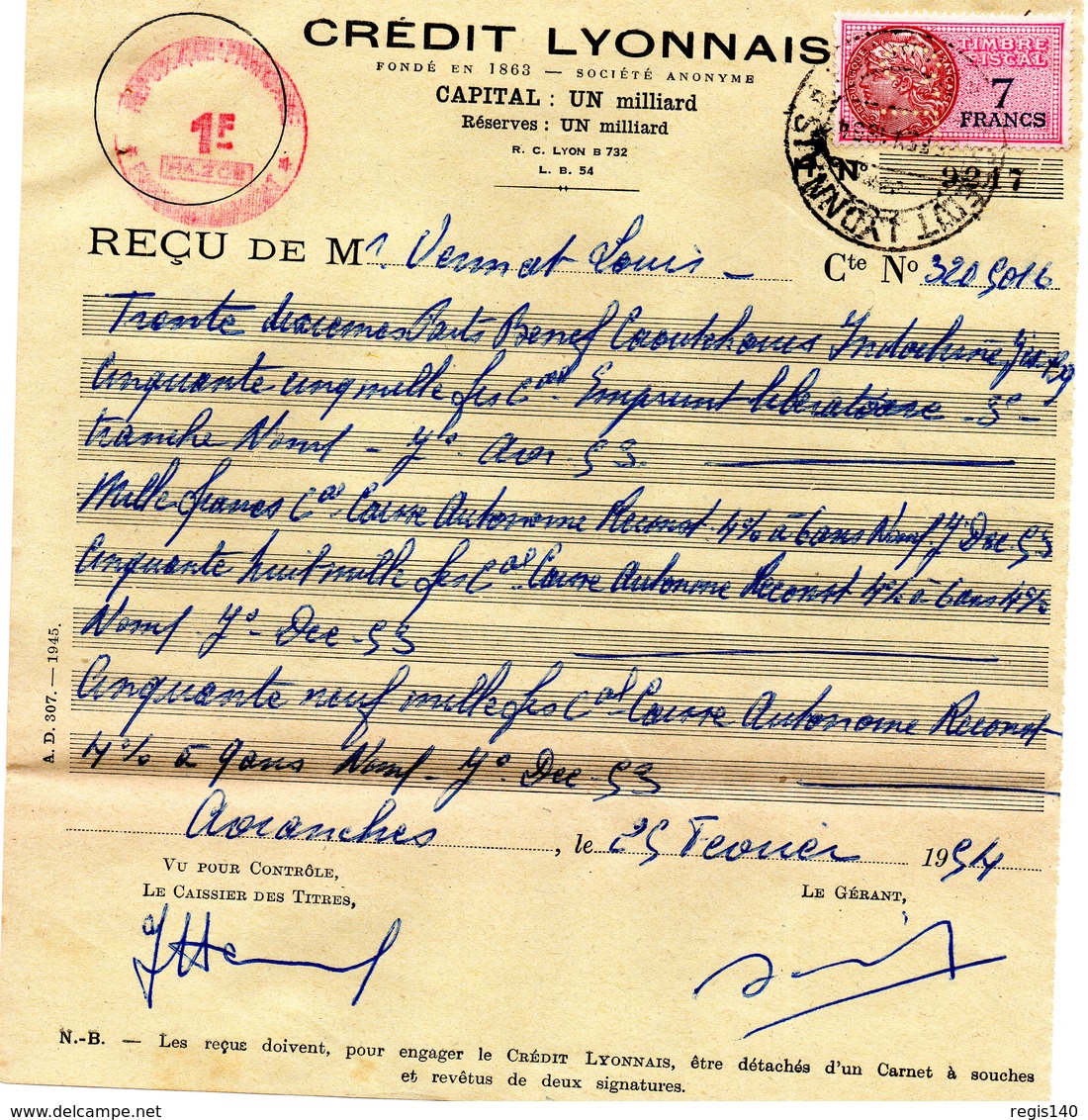 Ensemble De 6 Documents  De 1954 " Reçu Crédit Lyonnais" Avec Chacun Un Timbre Fiscal  (deux à 7 F, 4 à 2 F) + Une Liste - Autres & Non Classés