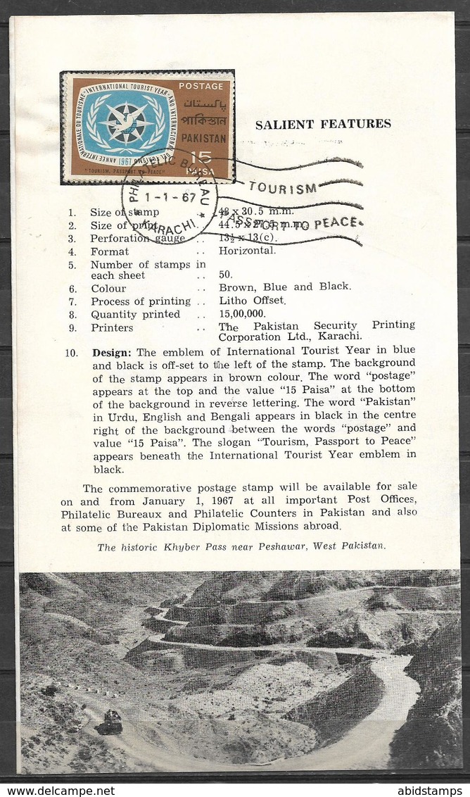 PAKISTAN 1967 BROCHURE WITH STAMP INTERNATIONAL TOURIST YEAR - Pakistan