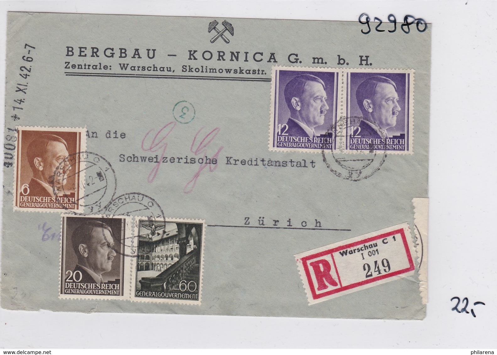 GG: Einschreiben Bergbau Nach Zürich, Zensur - Occupation 1938-45