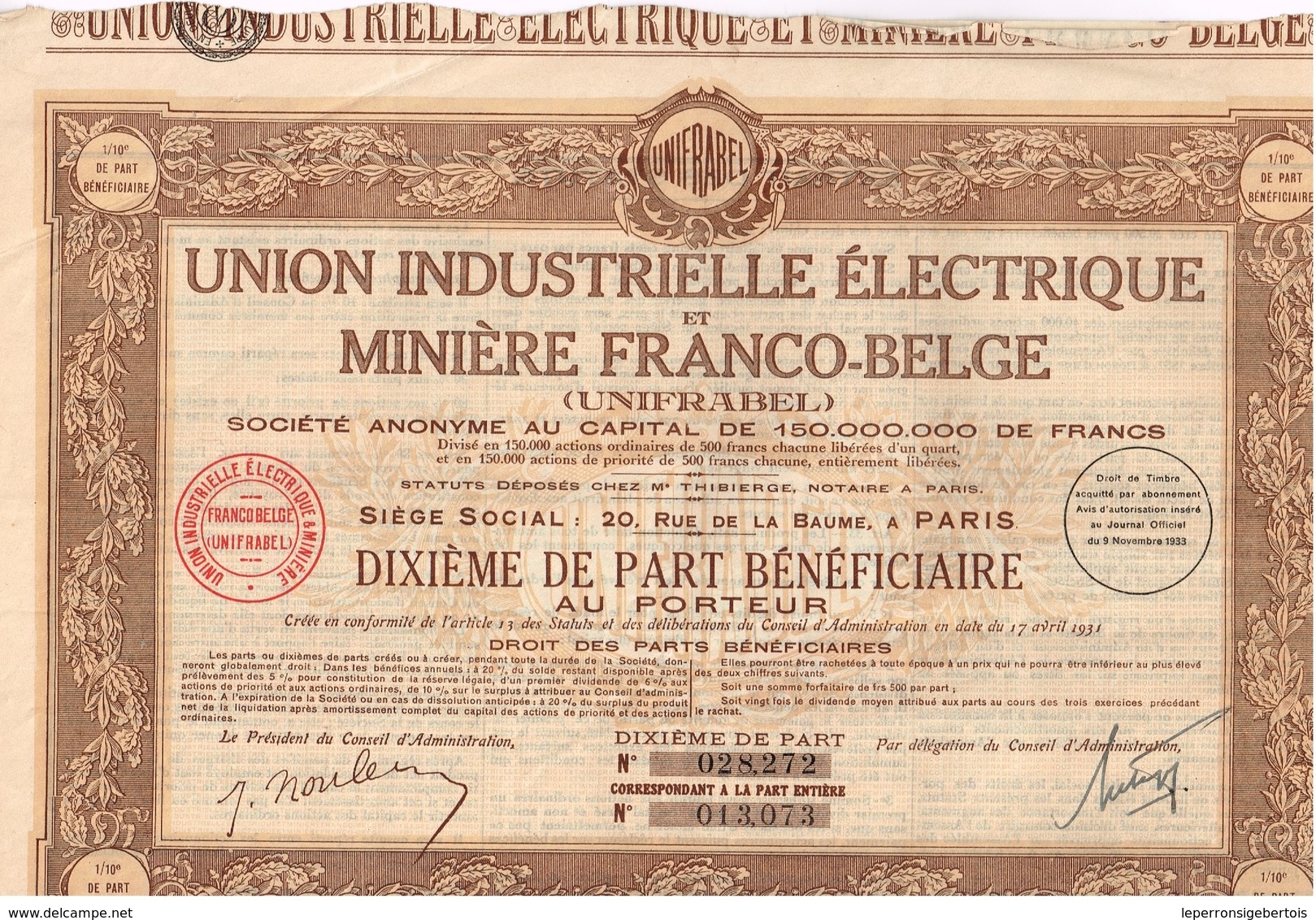 Titre Ancien - Union Industrielle Electrique Et Minière Franco-Belge  -Titre De 1931 - - Industrie