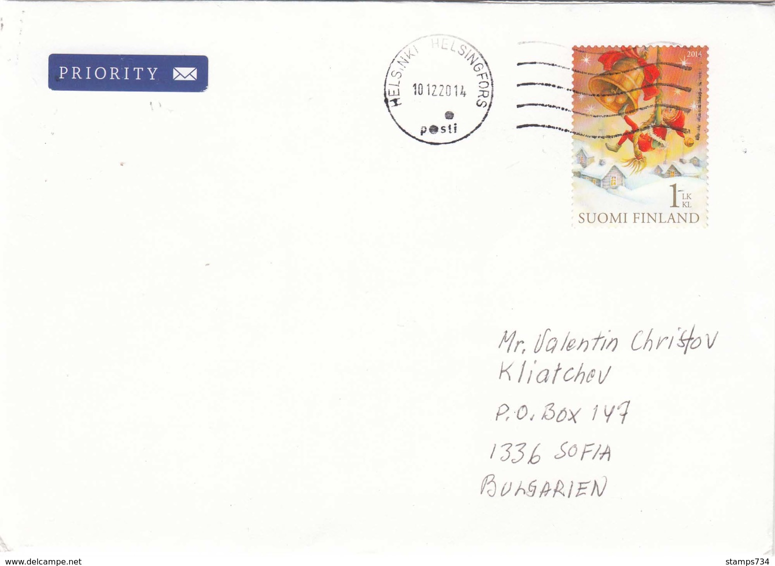 Finland-110/2014 - 1. Klass - Christmas, Letter Ordinary+priority From Helsinki To Sofia/Bulgaria - Lettres & Documents