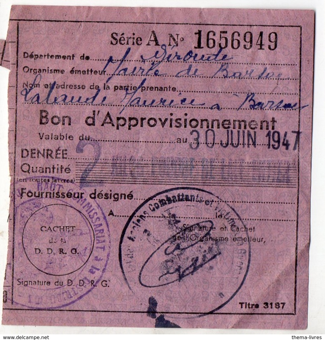 (guerre 39-45) Restrictions Rationnement :bon Pour 2kg De Lait En Poudre  1947 (PPP21234) - Non Classés