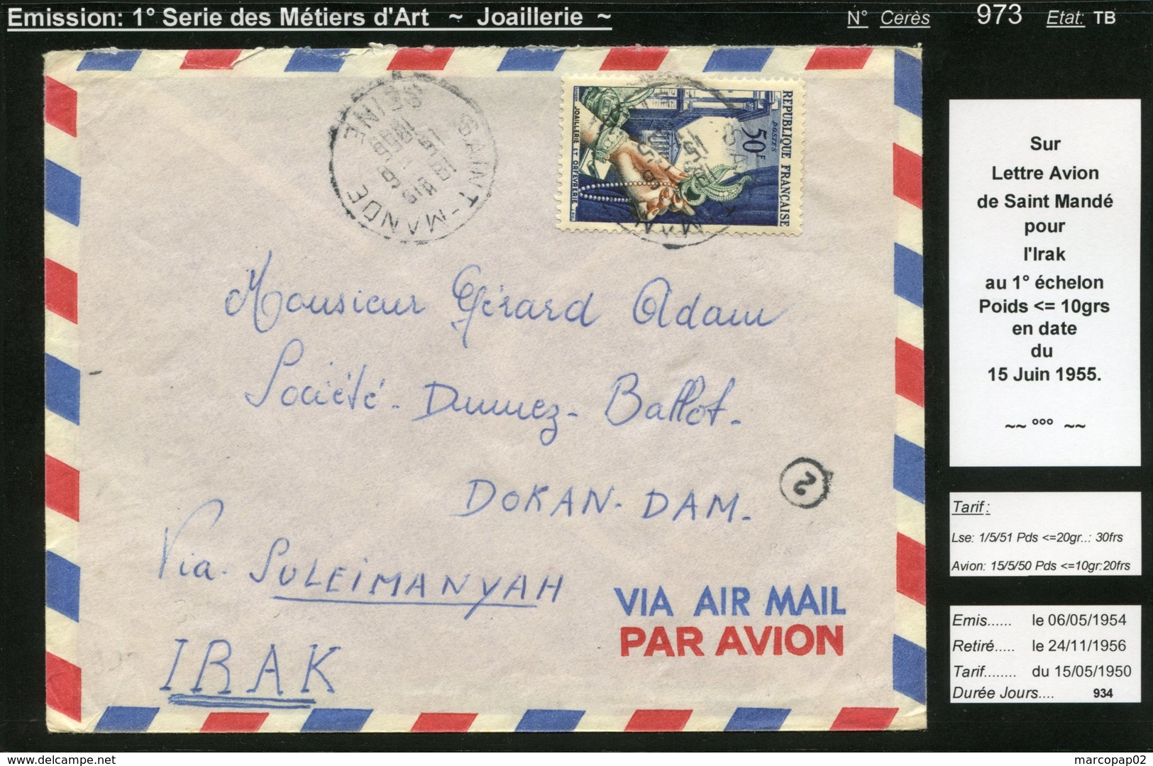 MAURY N° 973: JOAILLERIE  - S/LETTRE AVION EGYPTE 10 GRS DU 9/4/1955 - 1921-1960: Période Moderne