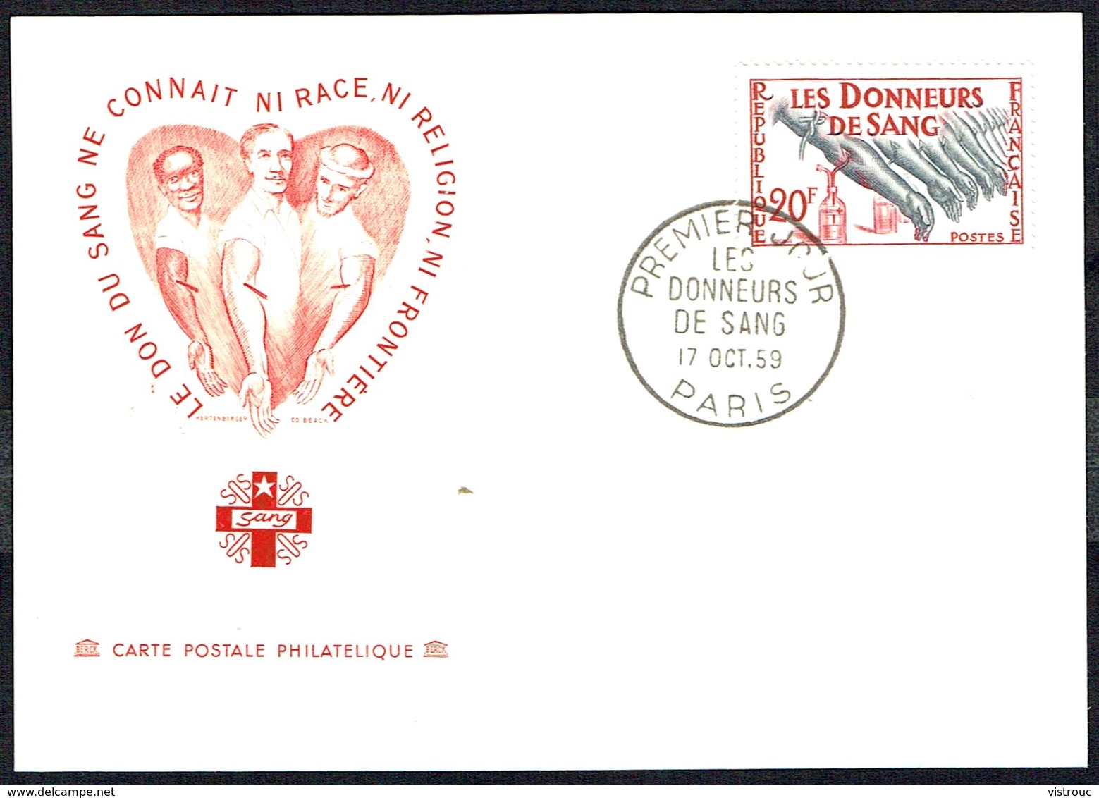 Y/T N° 1220 S/ CM (3) - Donneurs De Sang - Oblit. "PREMIER JOUR - PARIS - LES DONNEURS DE SANG - 17 OCT. 59". - 1950-1959