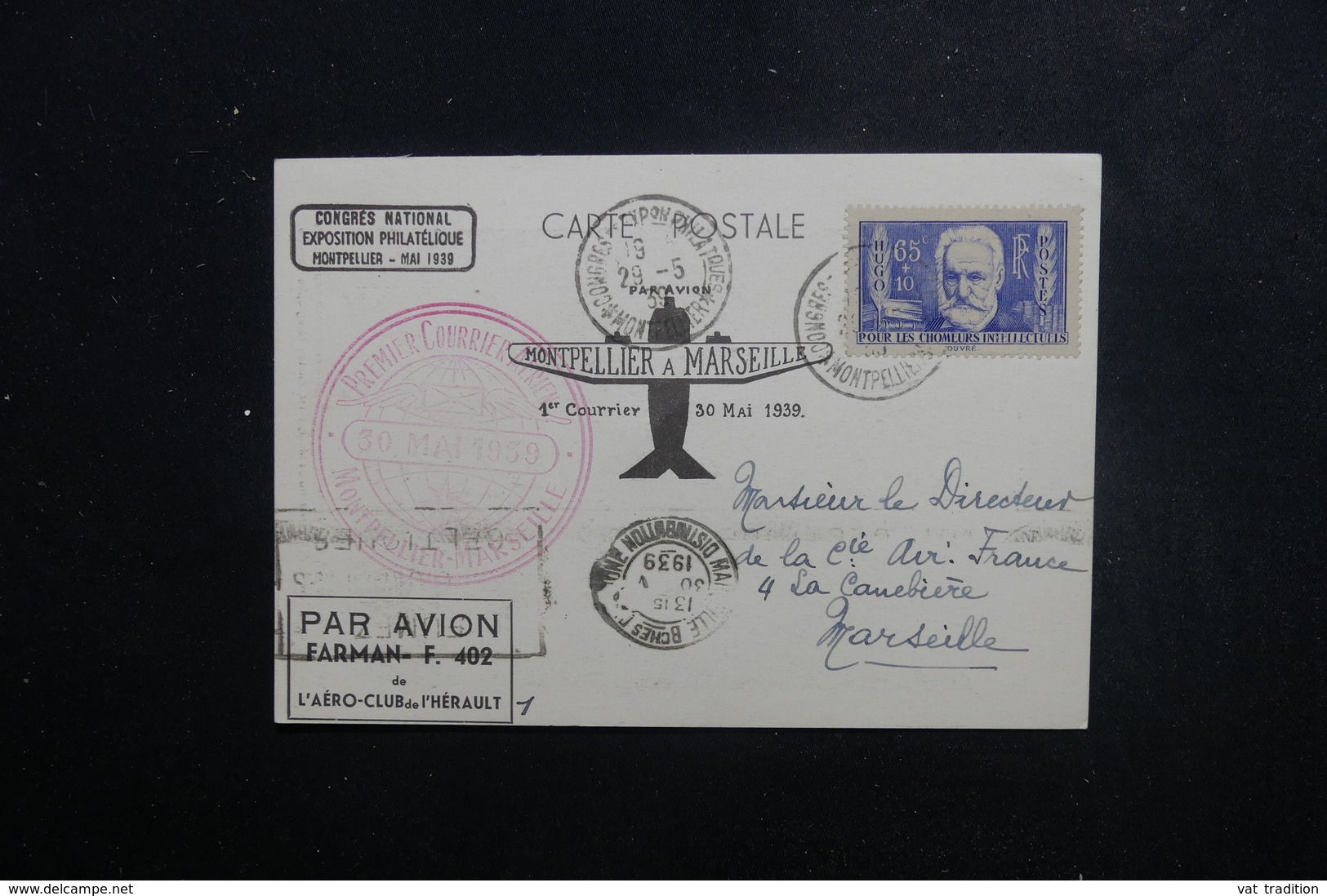 FRANCE - Carte Du 1er Courrier Aérien Montpellier / Marseille En 1939, Affranchissement Plaisant - L 49262 - 1960-.... Lettres & Documents