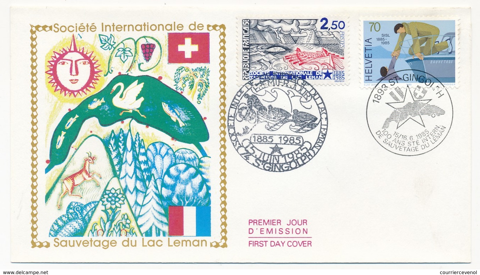 2 Enveloppes FDC Emission Commune France/Suisse - Société De Sauvetage Du Léman - 1985 - Joint Issues