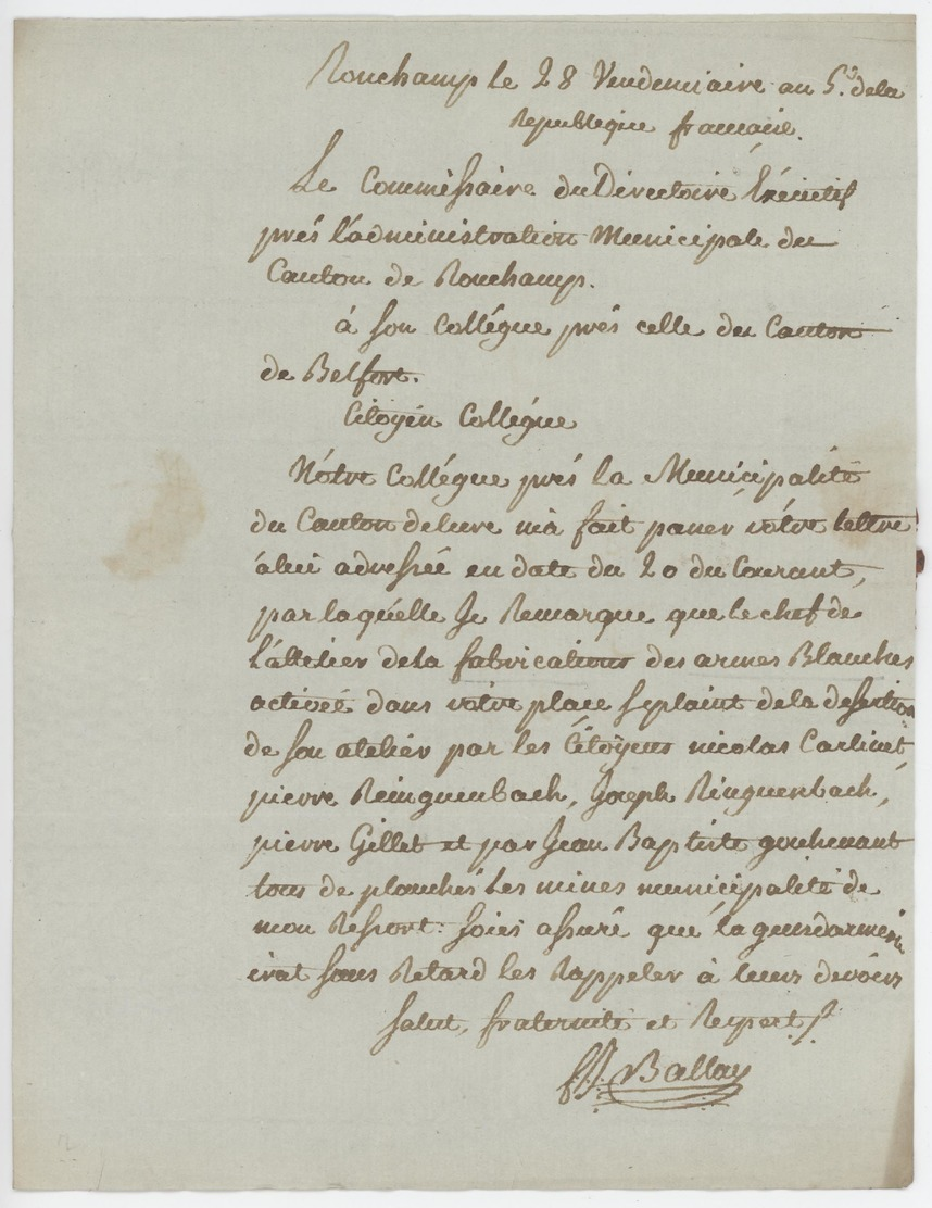 Ronchamp An 5 - 19.10.1796 Lettre En Franchise Sujet: Alelier Des Armes Blanches - 1701-1800: Précurseurs XVIII