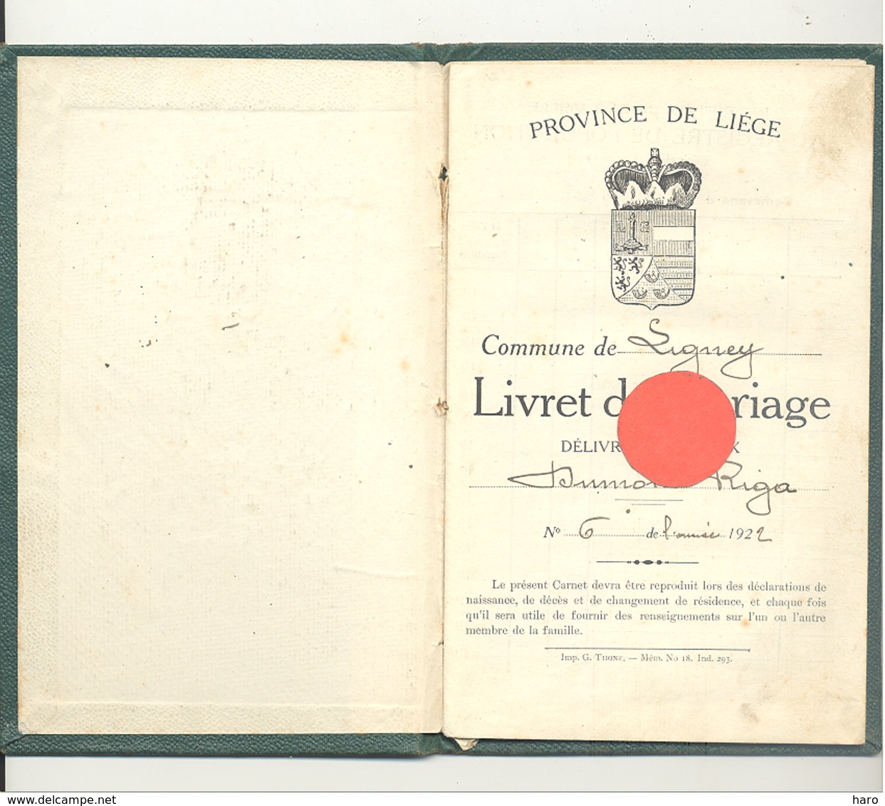 LIGNEY - Livret De Mariage 1922  - Waremme, Hannut (b271) - Historische Documenten