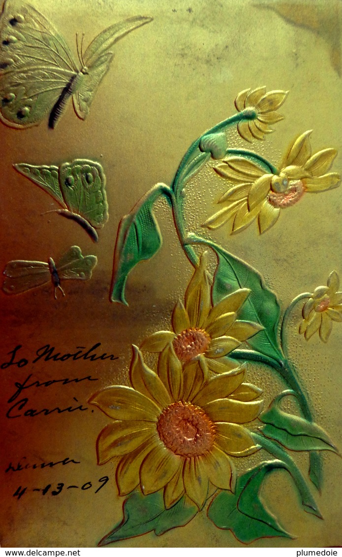 Belle Cpa Gaufrée PAPILLONS & FLEURS JAUNES  Fond Doré Aspect Métal ,1909 BUTTERFLIES & FLOWERS Golden , Embossed OLD PC - Fleurs