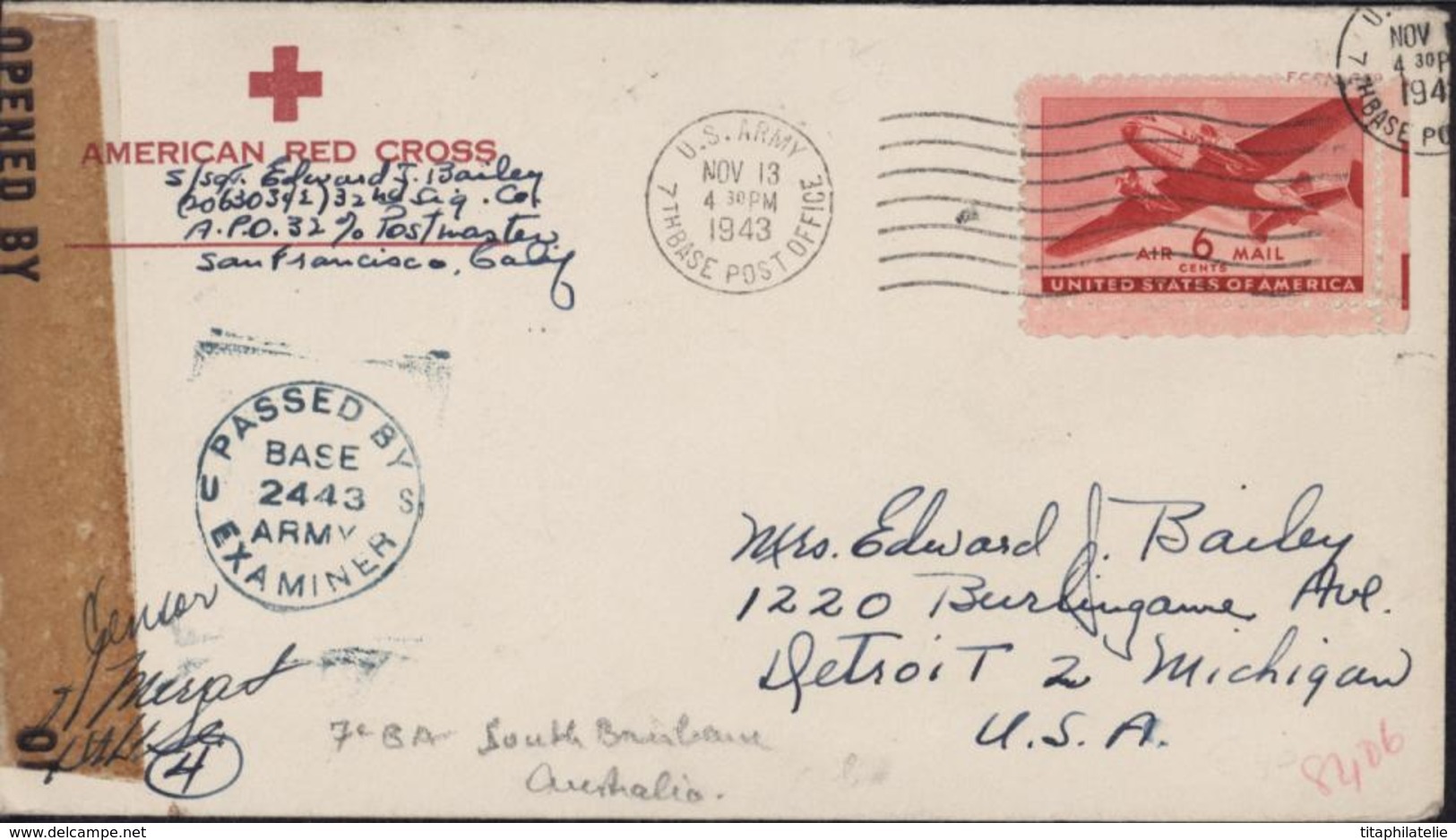 Guerre Pacifique WW2 CAD US ARMY 7th Base South Brisbane Australia 1943 Passed By Examiner Base 2443 Army Red Cross - Covers & Documents