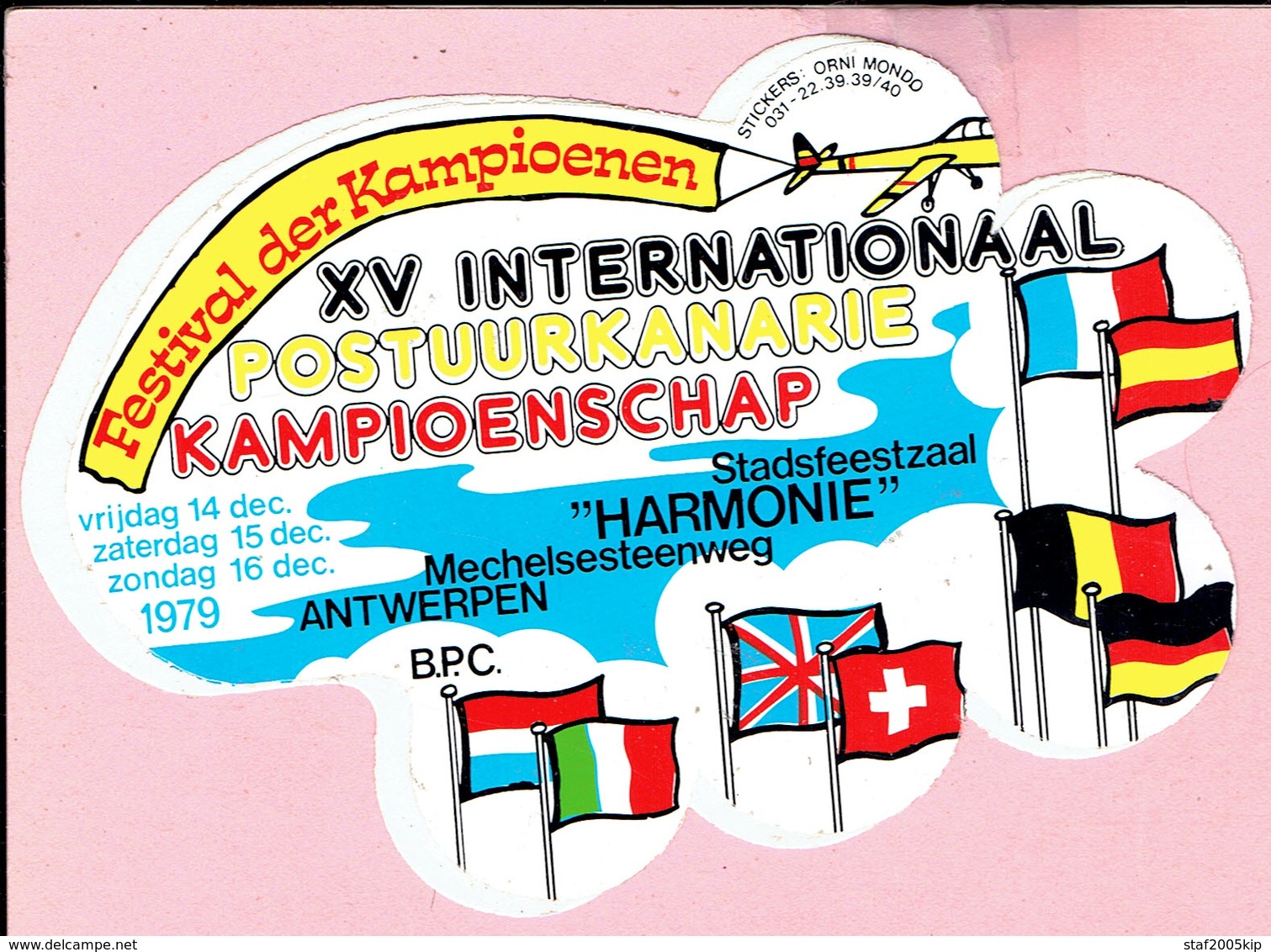 Sticker - XV Internationaal Postuurkanarie Kampioenschap 1979 - Stadsfeestzaal HARMONIE Mechelsesteenweg Antwerpen - Autocollants