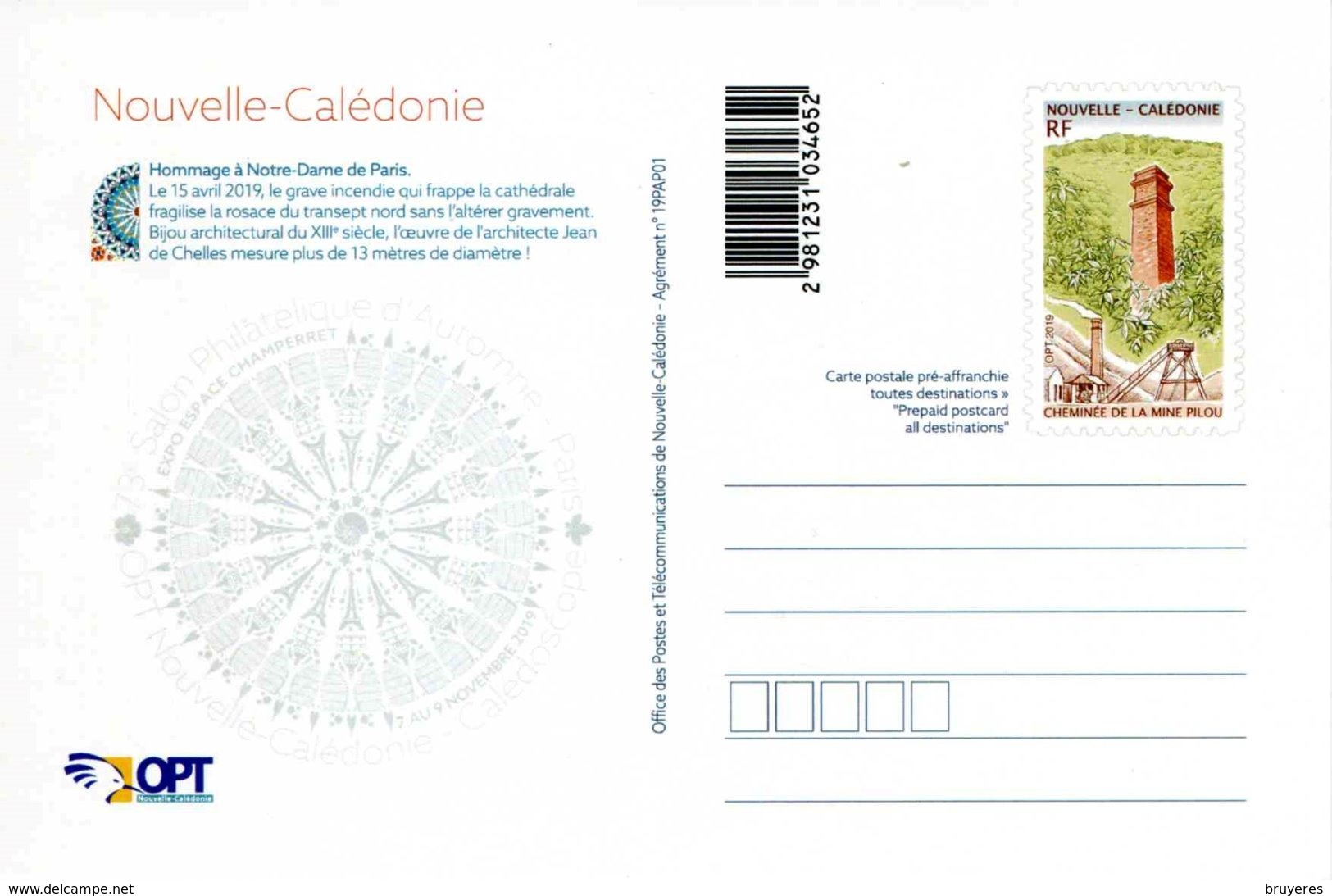 Entier Postal De 2019 De NELLE CALEDONIE  Sur CP Avec Timbre "Cheminée De La Mine Pilou" Et Illust "73e Salon D'Automne" - Entiers Postaux