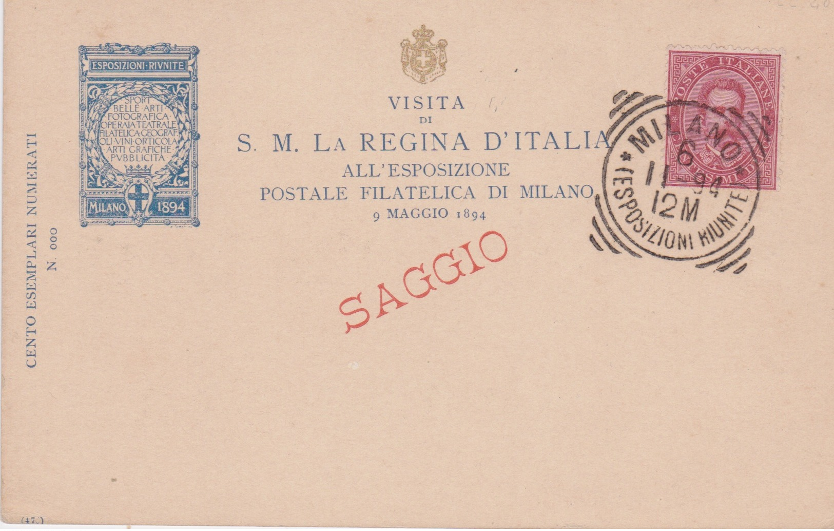 ITALIA -1894 - CARTOLINA POSTALE DI COMMISSIONE PRIVATA - VISITA REGINA EXPO FILATELICA DI MILANO - SAGGIO - - Interi Postali