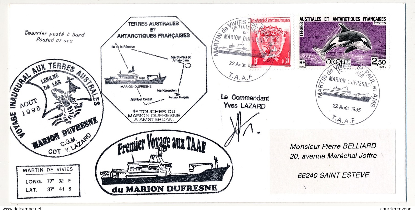 Enveloppe TAAF -  Martin De Vivies - Premier Voyage Aux TAAF Du Marion Dufresne - 22 Aout 1995 - Covers & Documents