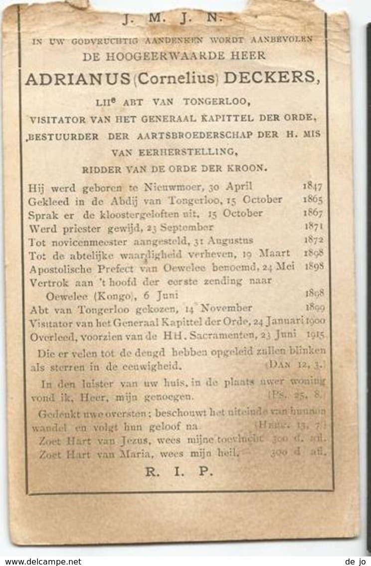 DECKERS Adrianus °1847 Nieuwmoer + 1915 Tongerloo Abt Missie Oewelee Congo Doodsprentje Image Mortuaire Funeral Card - Religion & Esotericism