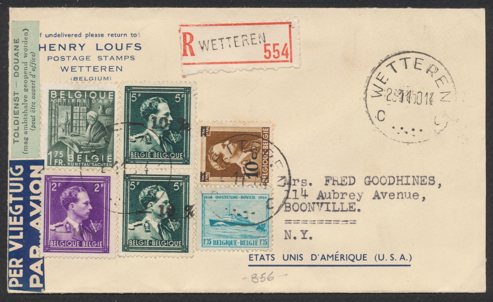 Col Ouvet -10% + Ostende-dover Sur Lettre Par Avion En R De Wetteren (1950) + Contrôle Des Douanes Vers Boonville (USA) - 1946 -10%