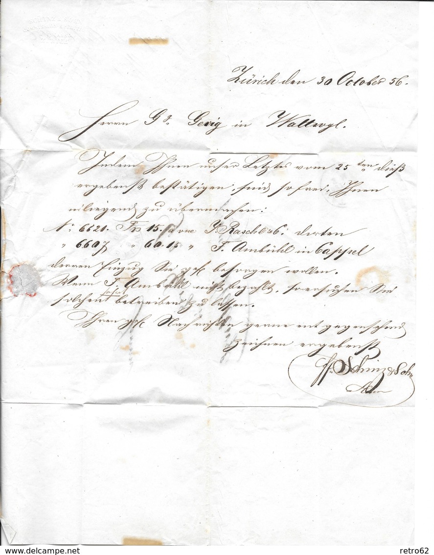 1854-1862 Helvetia (ungezähnt) → Faltbrief ZÜRICH Nach Wattwyl ►SBK-24B1.II/III / Fingerhutstp.& Raute,Bogenrandstück!!◄ - Lettres & Documents