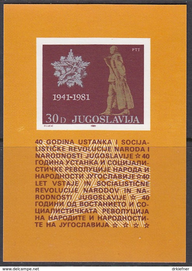 JUGOSLAWIEN  Block 19, Postfrisch **, 40. Jahrestag Des Aufstandes Gegen Die Besatzungsmächte, 1981 - Blocks & Kleinbögen