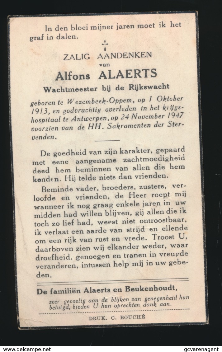 WACHTMEESTER RIJKSWACHT - ALFONS ALAERTS - WEZEMBEEK OPPEM 1913 - ANTWERPEN 1947 - Décès