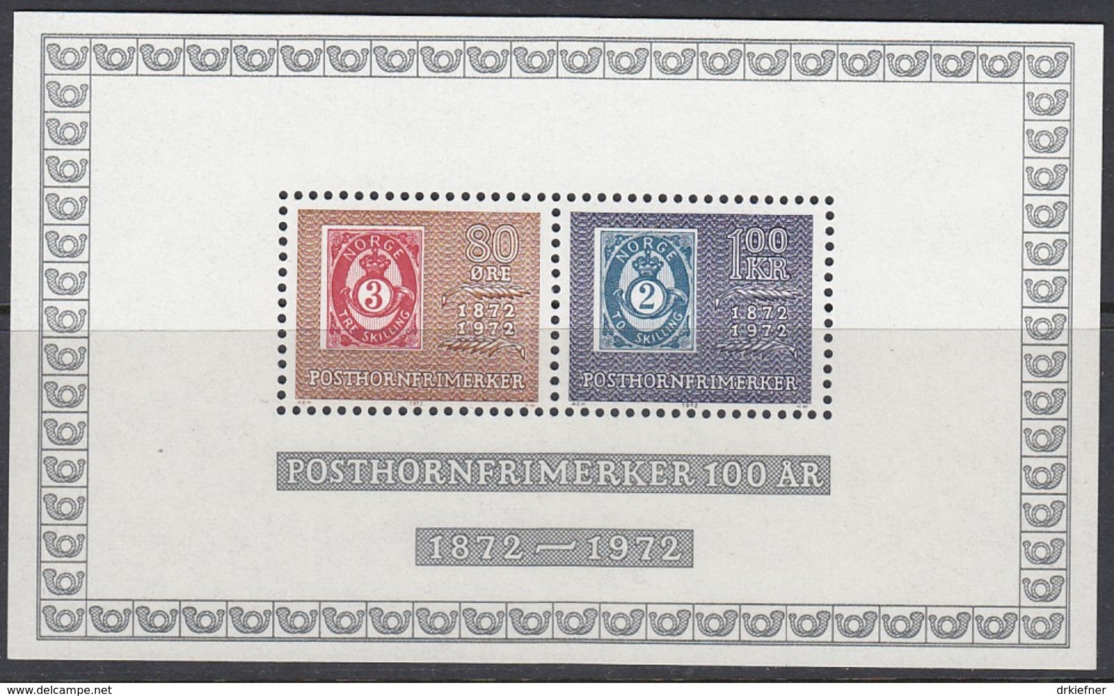 NORWEGEN Block 1, Postfrisch **, 100 Jahre Posthorn-Marken 1972 - Blocks & Kleinbögen