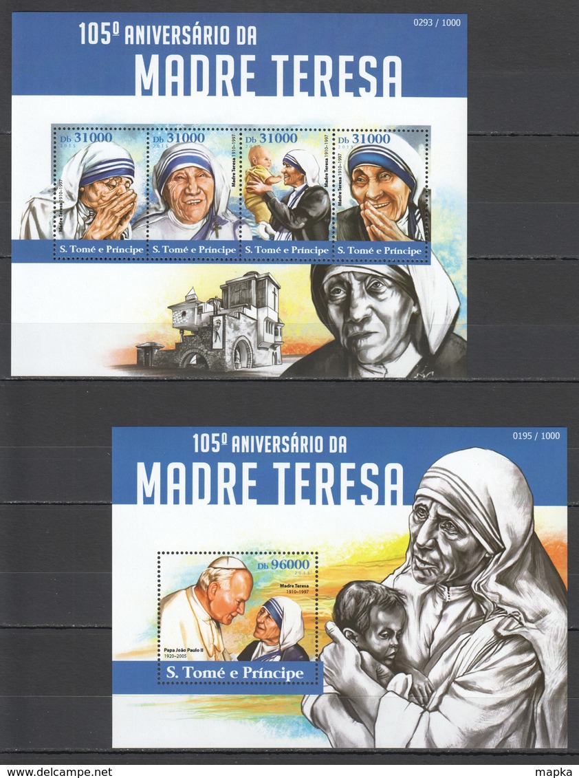 ST1533 2015 S. TOME E PRINCIPE  FAMOUS PEOPLE MOTHER TERESA POPE KB+BL MNH - Mutter Teresa