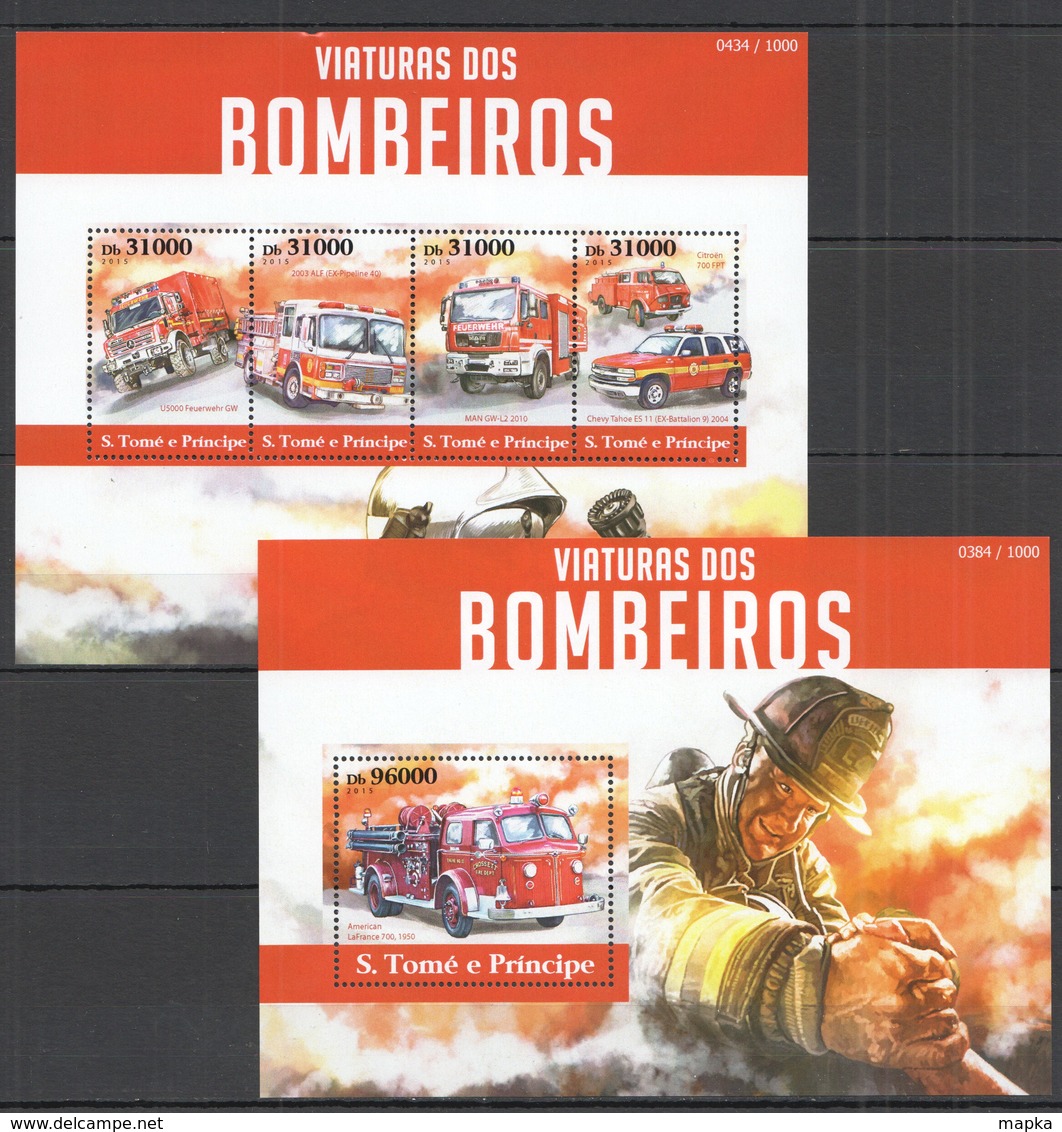 ST1537 2015 S.TOME E PRINCIPE TRANSPORT FIRETRUCK VIATURAS DOS BOMBEIROS KB+BL MNH - Vrachtwagens