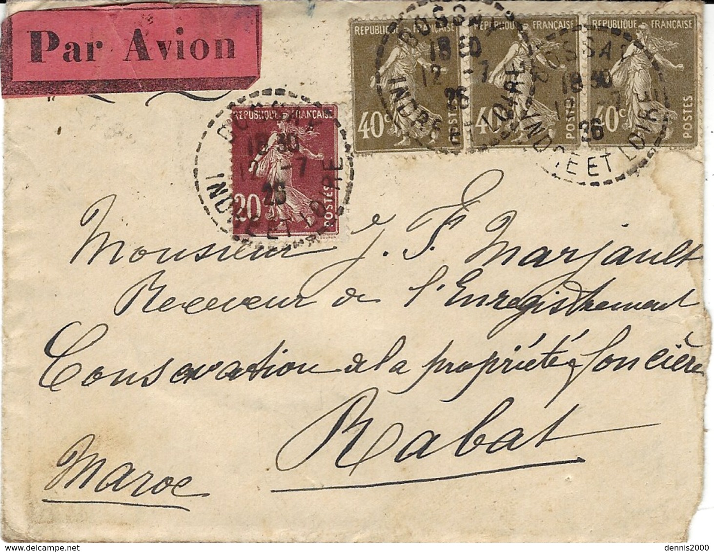 AEROPOSTALE - 1926- Enveloppe De Bossay ( Indre Et Loire PAR AVION Affr. SEMEUSE 1,20 F  Pour Casablanca - 1960-.... Lettres & Documents