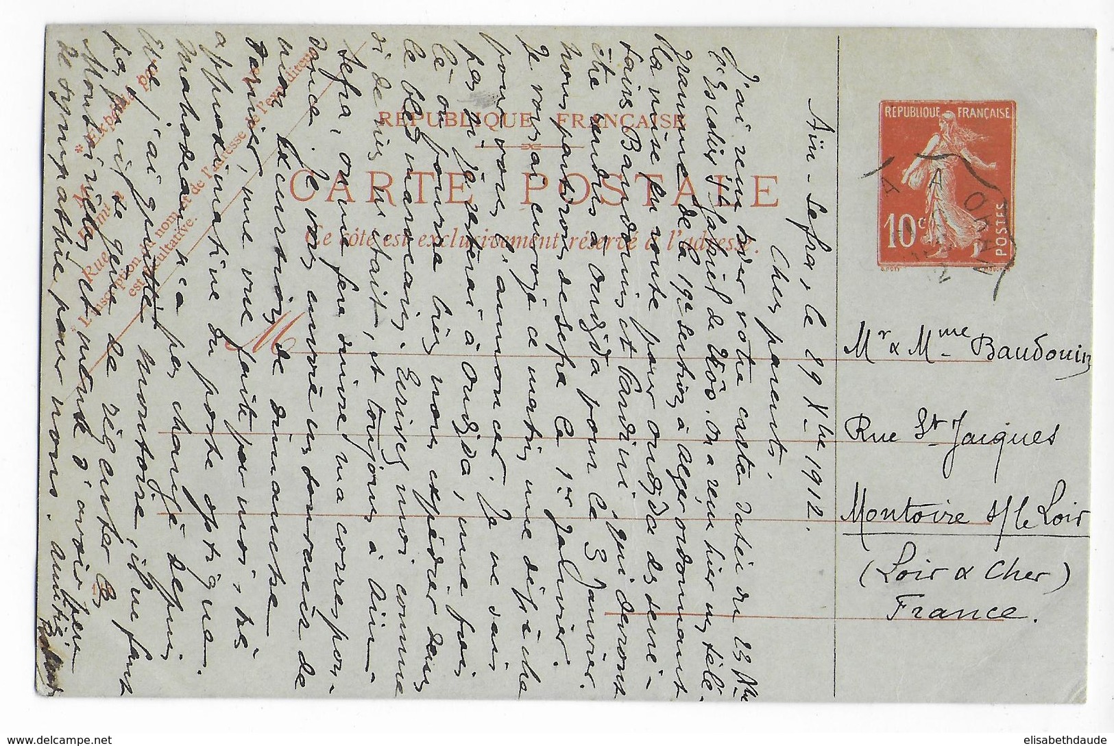 1912 - ALGERIE - CP ENTIER SEMEUSE Avec DESSIN ENCRE De AÏN-SEFRA (POSTE OPTIQUE De DJEBEL AÏSSA) => MONTOIRE - Cartoline Postali Ristampe (ante 1955)