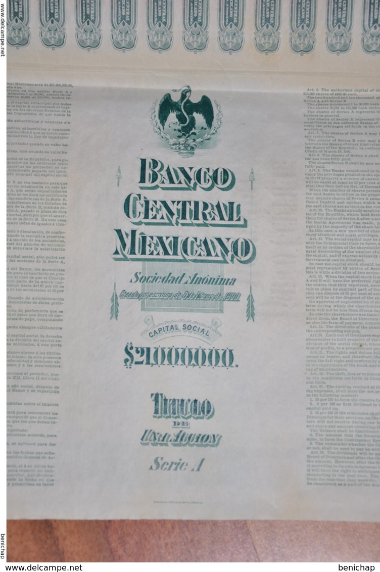 Banque Central Du Mexique - Banco Central Mexicano -   Action De 100 Ps Série A - Mexique 1905 - Banque & Assurance