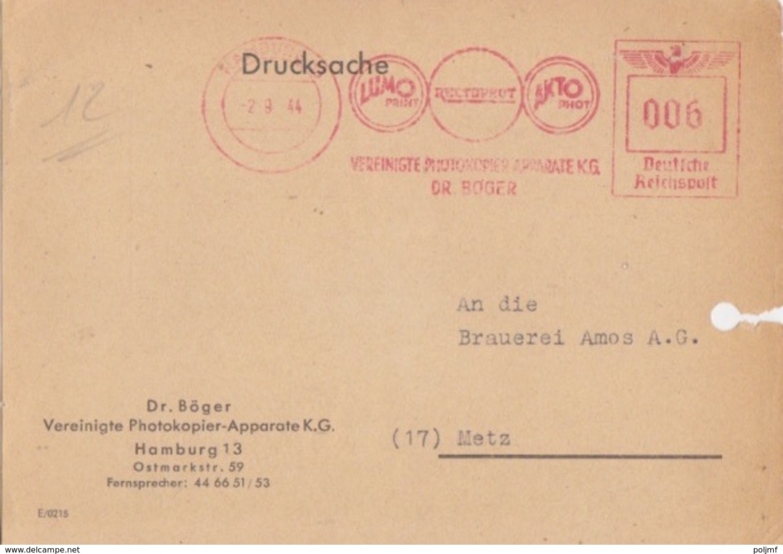 Carte-Lettre Pré-imprimée (Dr. Böger...), EMA 006pf (... Photokopier-Apparate...) Hamburg Le 2/9/44 - Usines & Industries