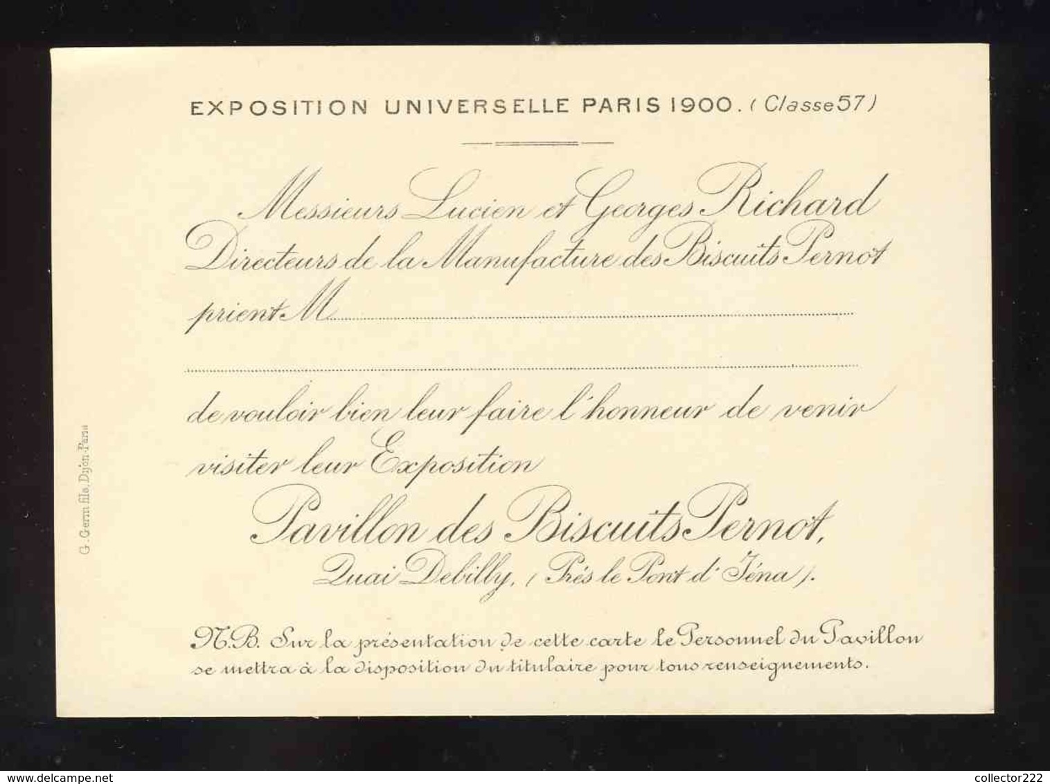 Imvotation Du Directeur De La Manufacture Des Biscuits Pernot Au Pavillon Exposition Universelle De Paris 1900 (117497) - Pernot
