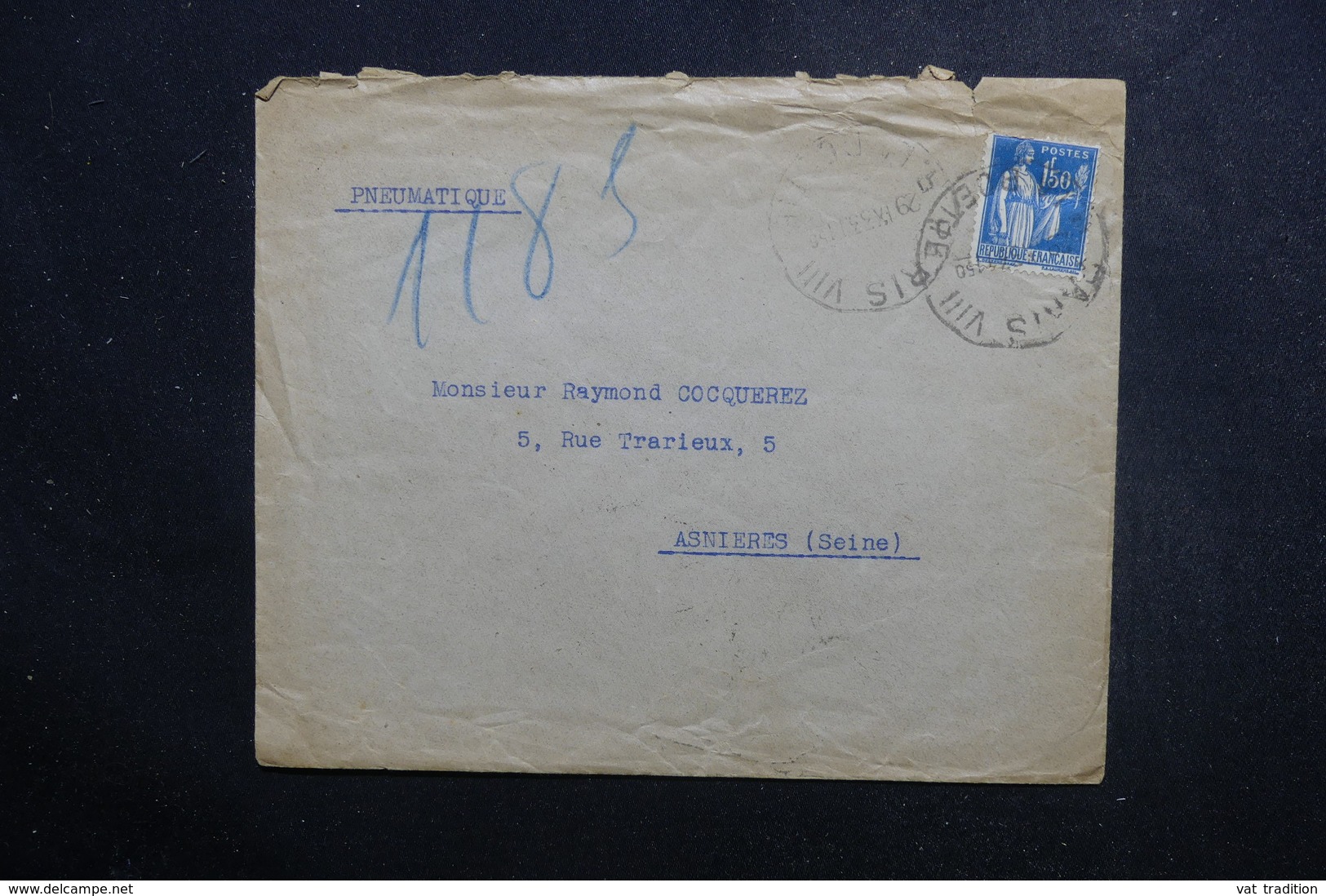 FRANCE - Type Paix Sur Enveloppe En Pneumatique De Paris Pour Asnières En 1933 - L 49297 - 1921-1960: Période Moderne