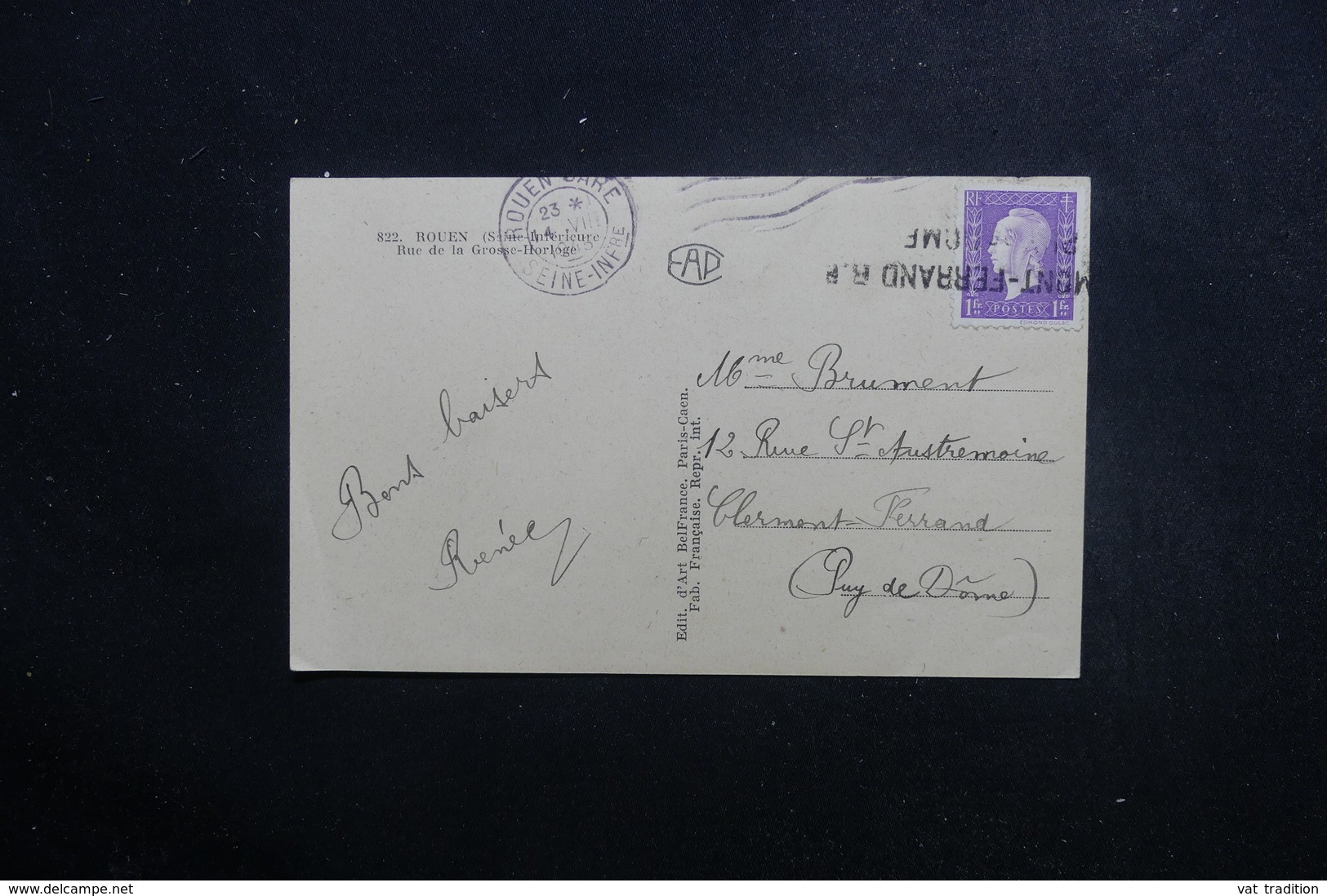 FRANCE - Griffe Linéaire De Clermont Ferrand Sur Type Dulac Sur Carte Postale De Rouen En 1945 - L 49298 - 1921-1960: Période Moderne