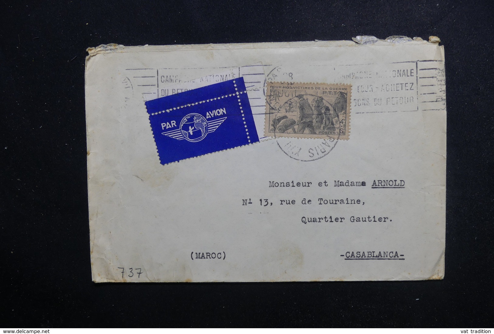 FRANCE - Affranchissement "Pour Nos Victimes  " Sur Enveloppe De Paris Pour Casablanca Par Avion En 1945 - L 49301 - 1921-1960: Période Moderne