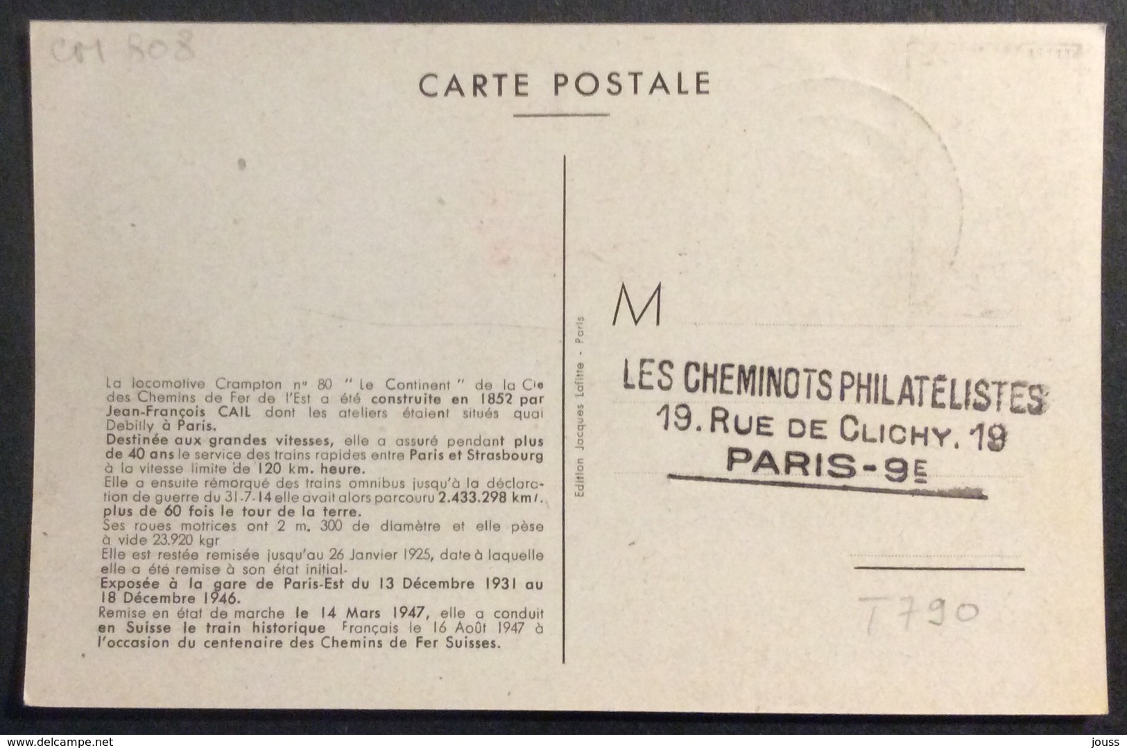 CM808 Locomotive Crampton « le Continent » Cheminots Philatélistes Paris Gare Du Nord Carte Maximum T 790 Résistance - 1940-1949