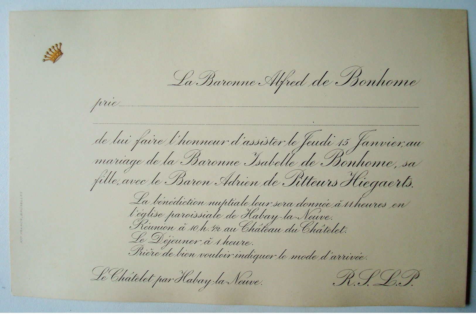 Invitation Mariage Isabelle De Bonhome & Adrien De Pitteurs Hiegaerts. - Habay-la-Neuve 1914. - Mariage