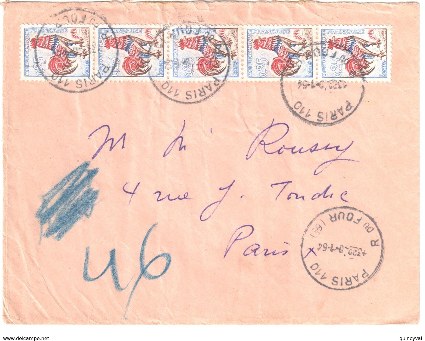 PARIS 110 R. Du Four 6° Pneumatique  Dest Paris 45 25c Coq Decaris Yv 1331 Ob 20 1 1964 - Lettres & Documents