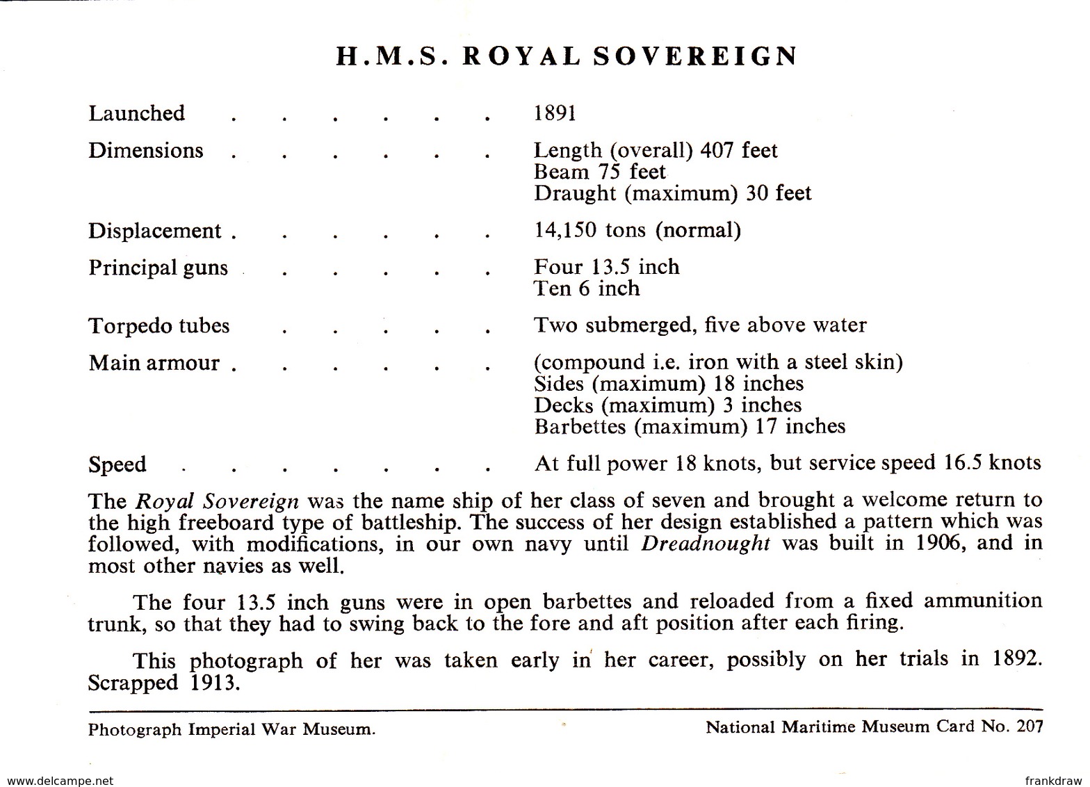 Postcard  Sized Fact Sheet On H.M.S. Royal Sovereign 1892 Card No..207 Unused Very Good - Unclassified