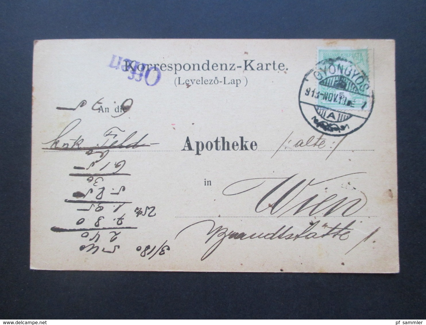 Ungarn 1913 Korrespondenz Karte Aus Gyöngyös Nach Wien Apothekenkarte Schutzmarke Luol Seife - Storia Postale