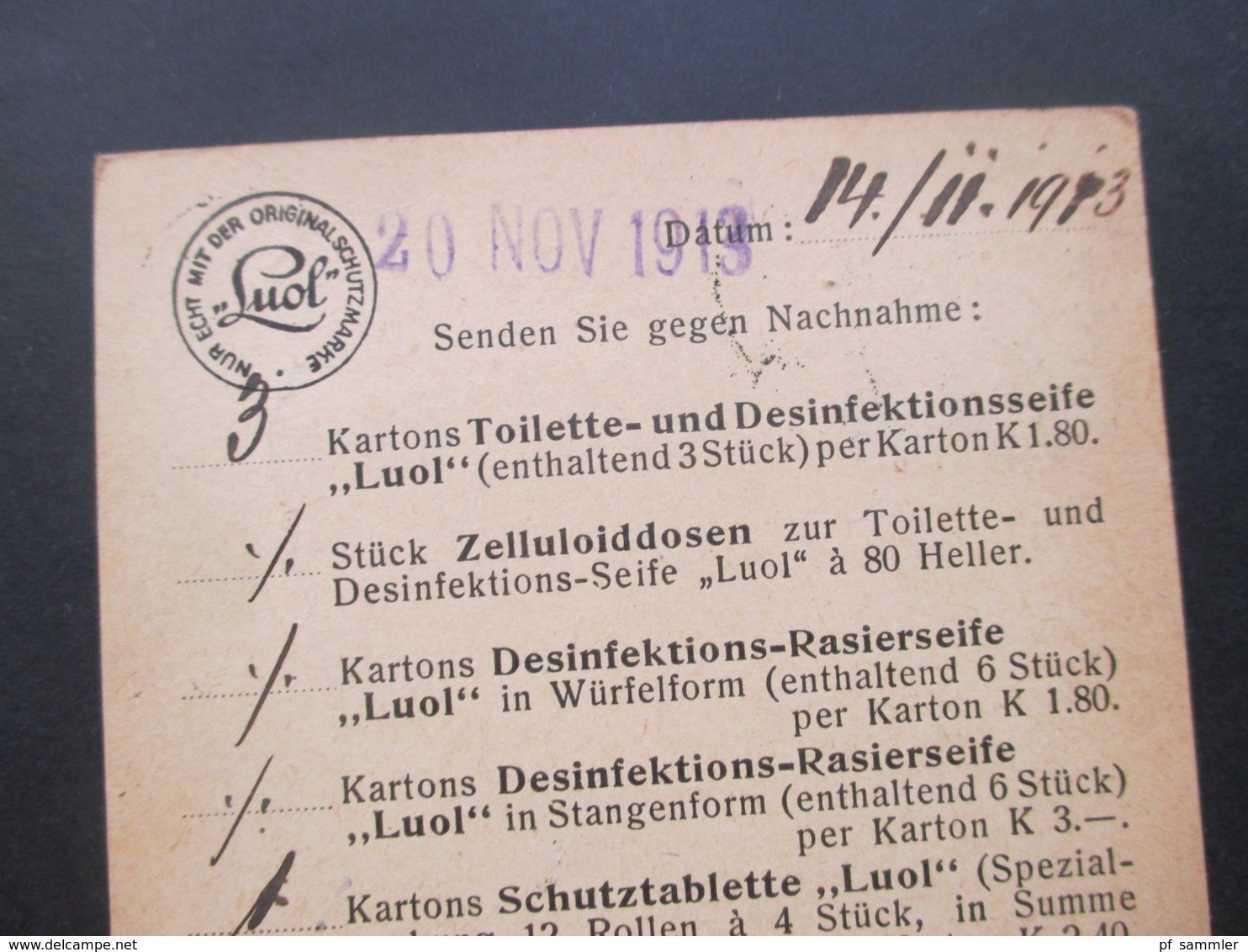 Ungarn 1913 Korrespondenz Karte Aus Gyöngyös Nach Wien Apothekenkarte Schutzmarke Luol Seife - Brieven En Documenten