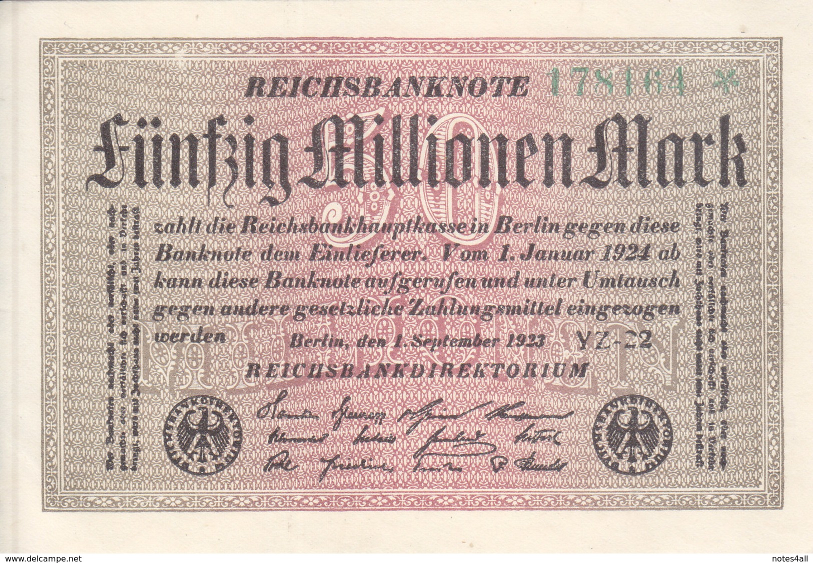 GERMANY 50 Million 50000000 Mark 1923 1924 P-109c WM CIRCLES SERIAL# STAR AU/UNC - 50 Millionen Mark