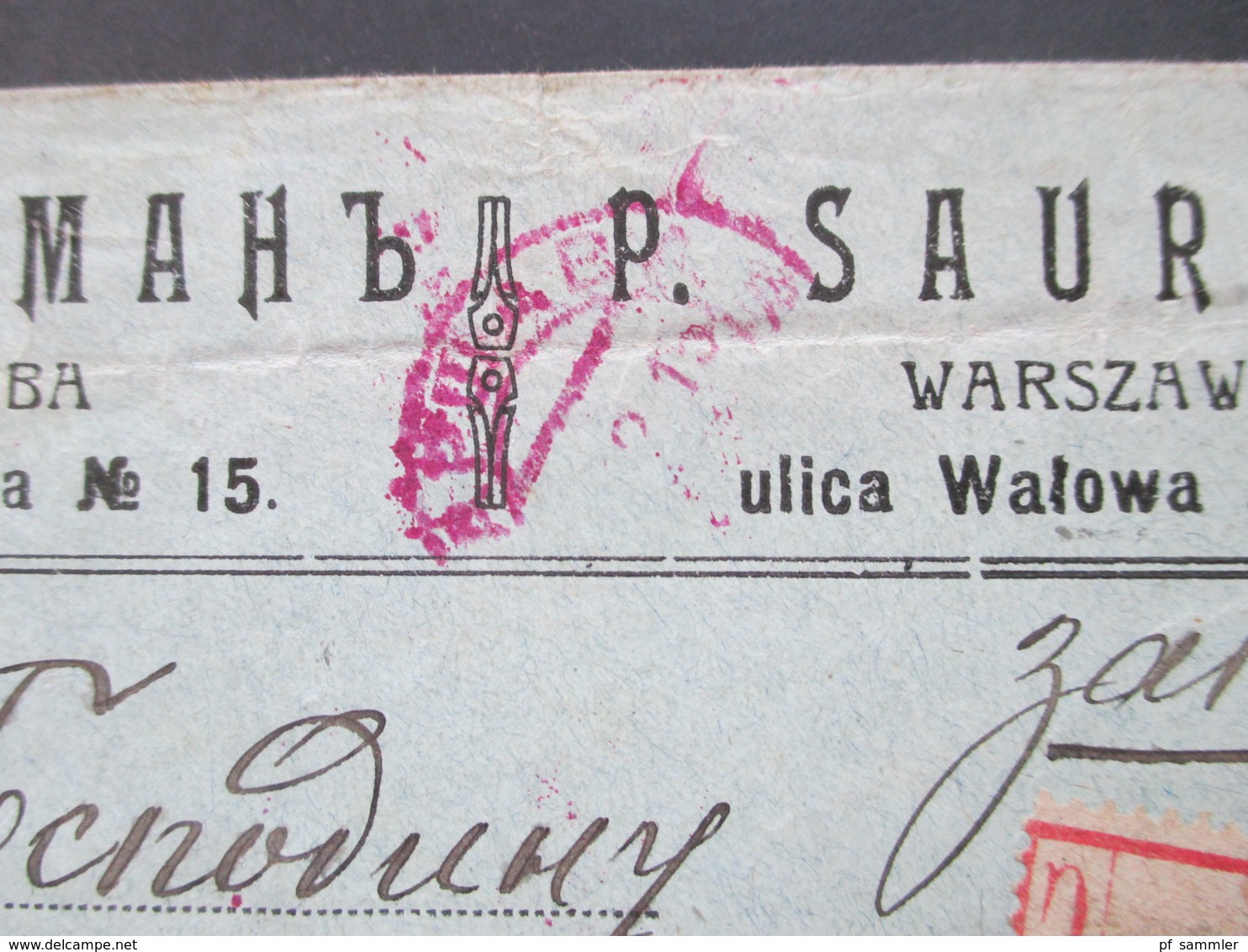 Russland / Polen 1915 Warschau Einschreiben R Zettel No 288 Bapwaba Rückseitig Frankiert Und Violetter Stempel!! - Storia Postale