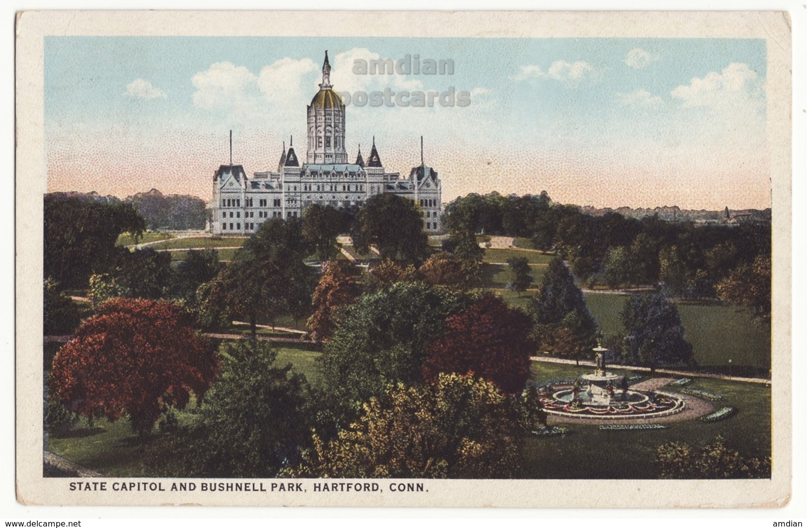 USA, Hartford CT, State Capitol And Bushnell Park - Antique 1920s Vintage Connecticut Curt Teich Postcard - Hartford