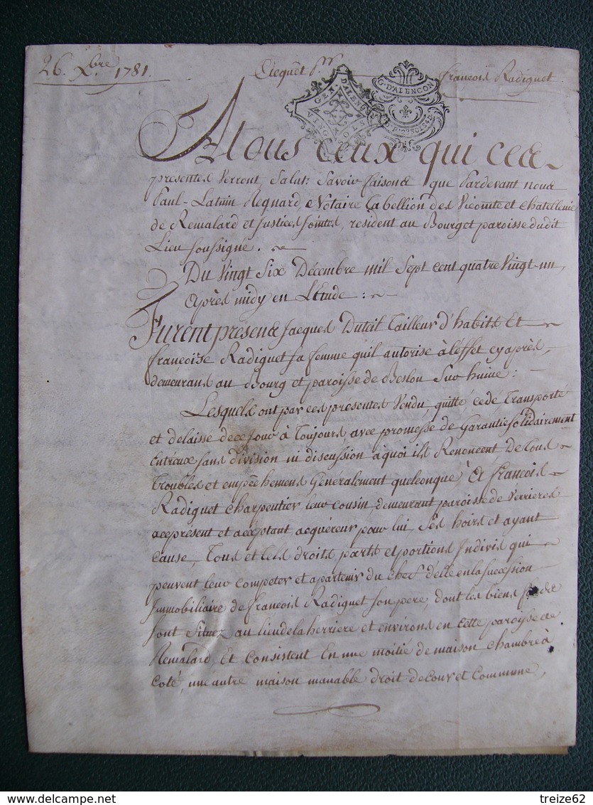 1781 Manuscrit Sur Vélin Généralité Alençon Normandie Bellou Sur Huisne  Remalard Belle Calligraphie - Manuscrits