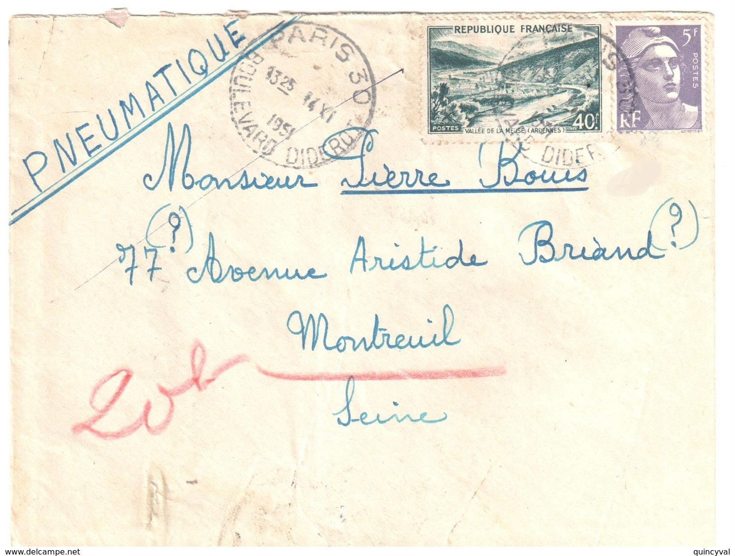 PARIS 30 Boulevard Diderot Pneumatique  Dest Montreuil Sous Bois 5F Gandon 40 F Meuse Yv 842a 883 Ob 14 11 1951 - Covers & Documents